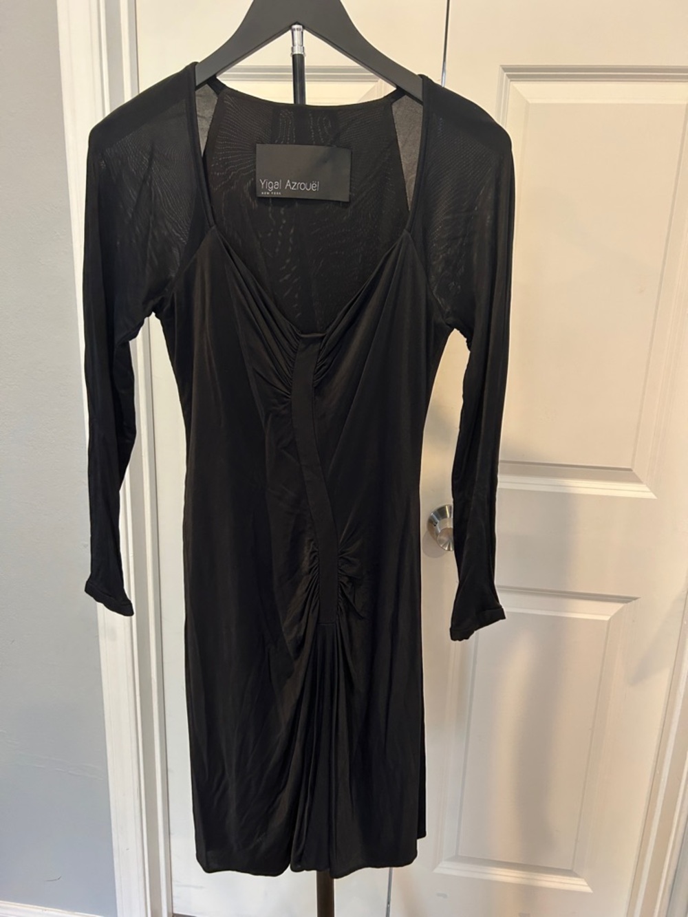Yigal Azrouel Black Ruched V-Neck Long Sleeve Dress